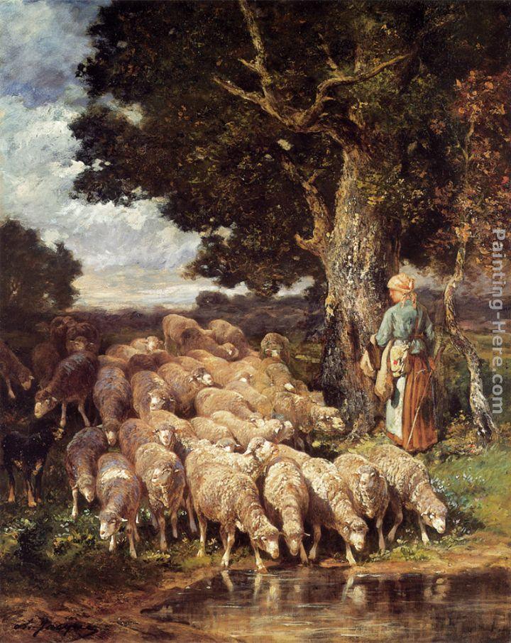 Charles Emile Jacque A Shepherdess with her Flock near a Stream